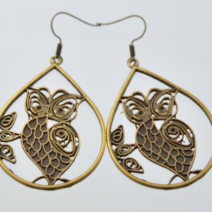 Bronze Owl Tear Drop Earrings