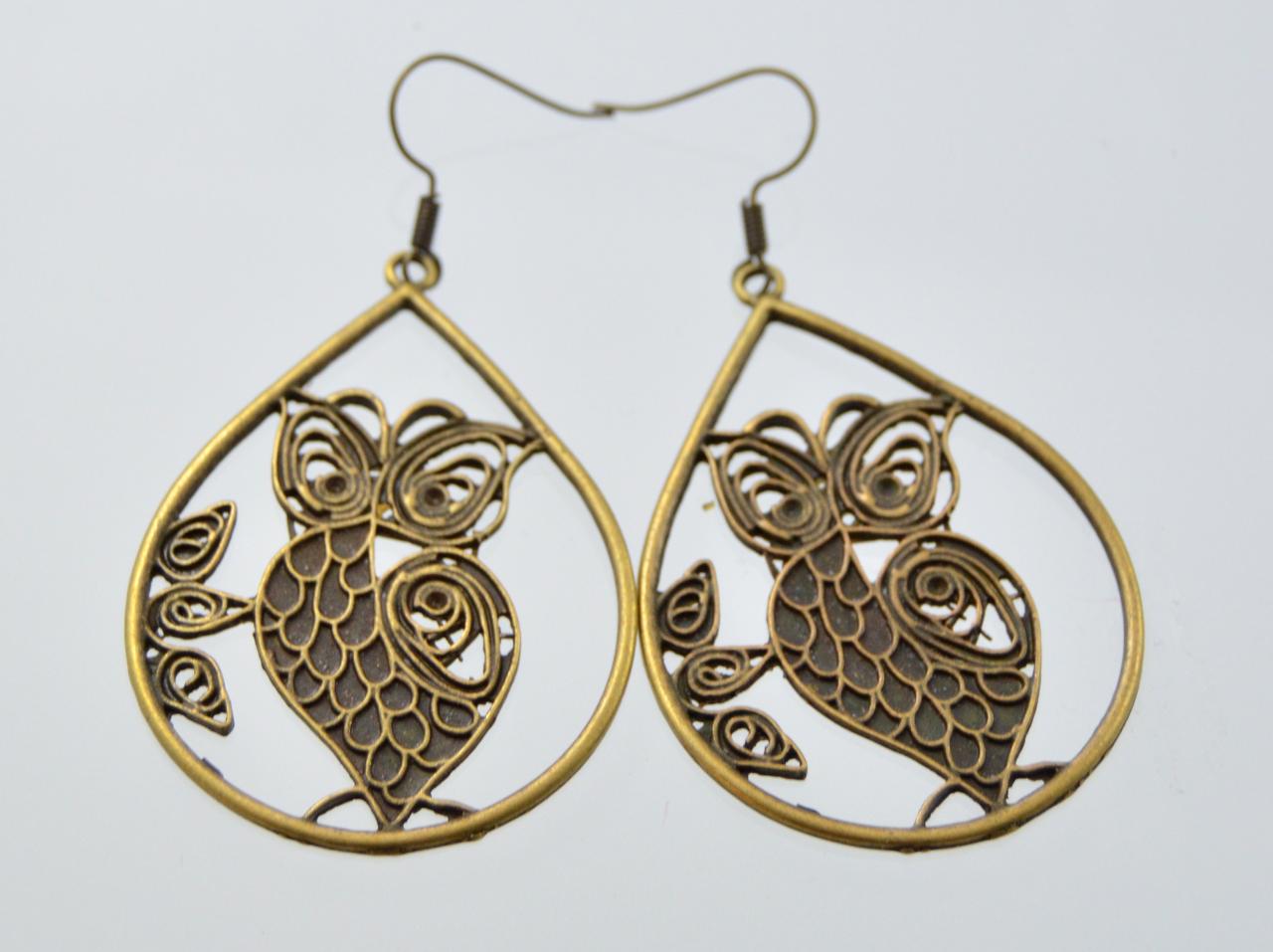 Bronze Owl Tear Drop Earrings